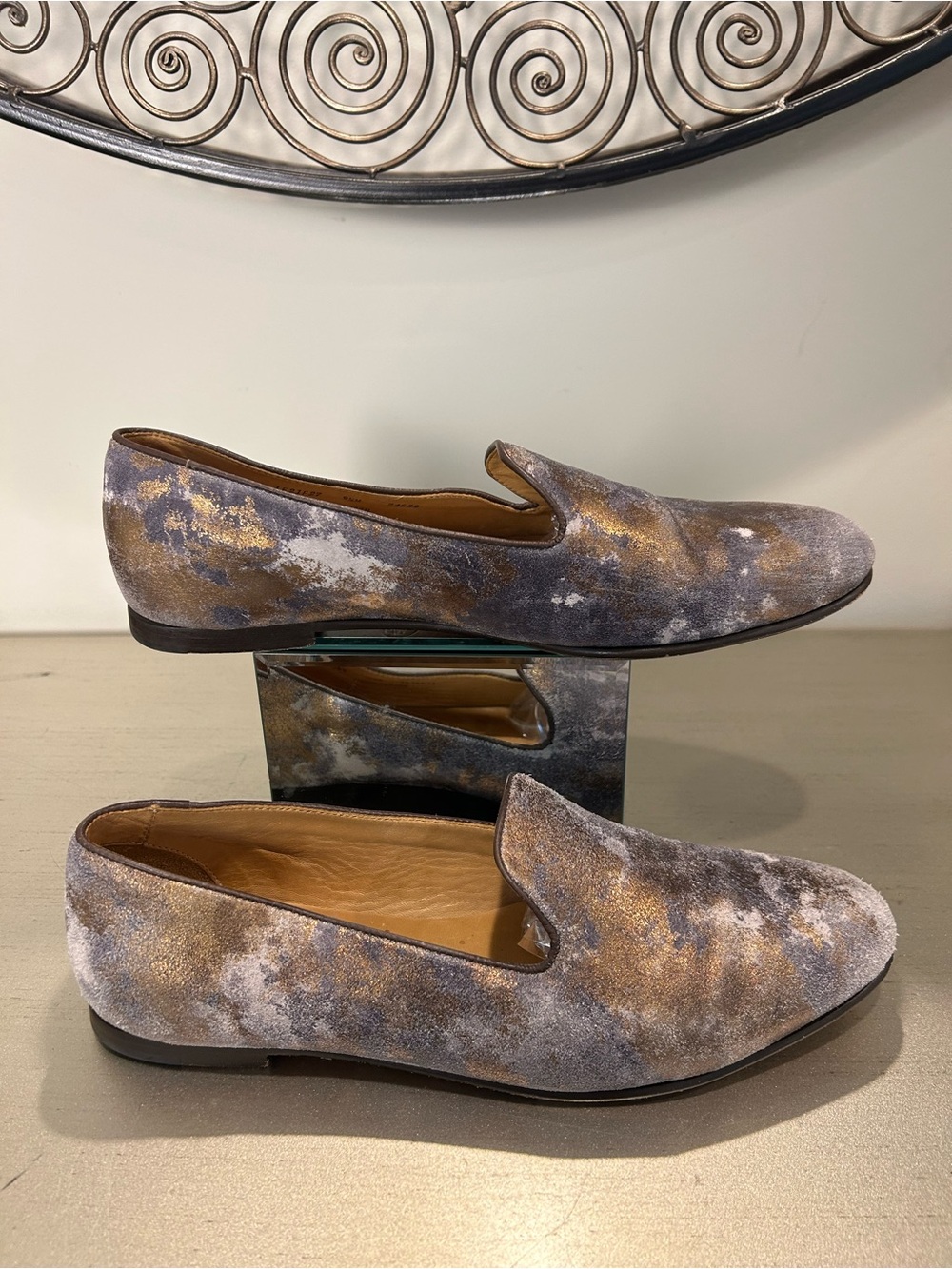 Peter Millar Men's Suede Loafers in Gray and Gold Metallic